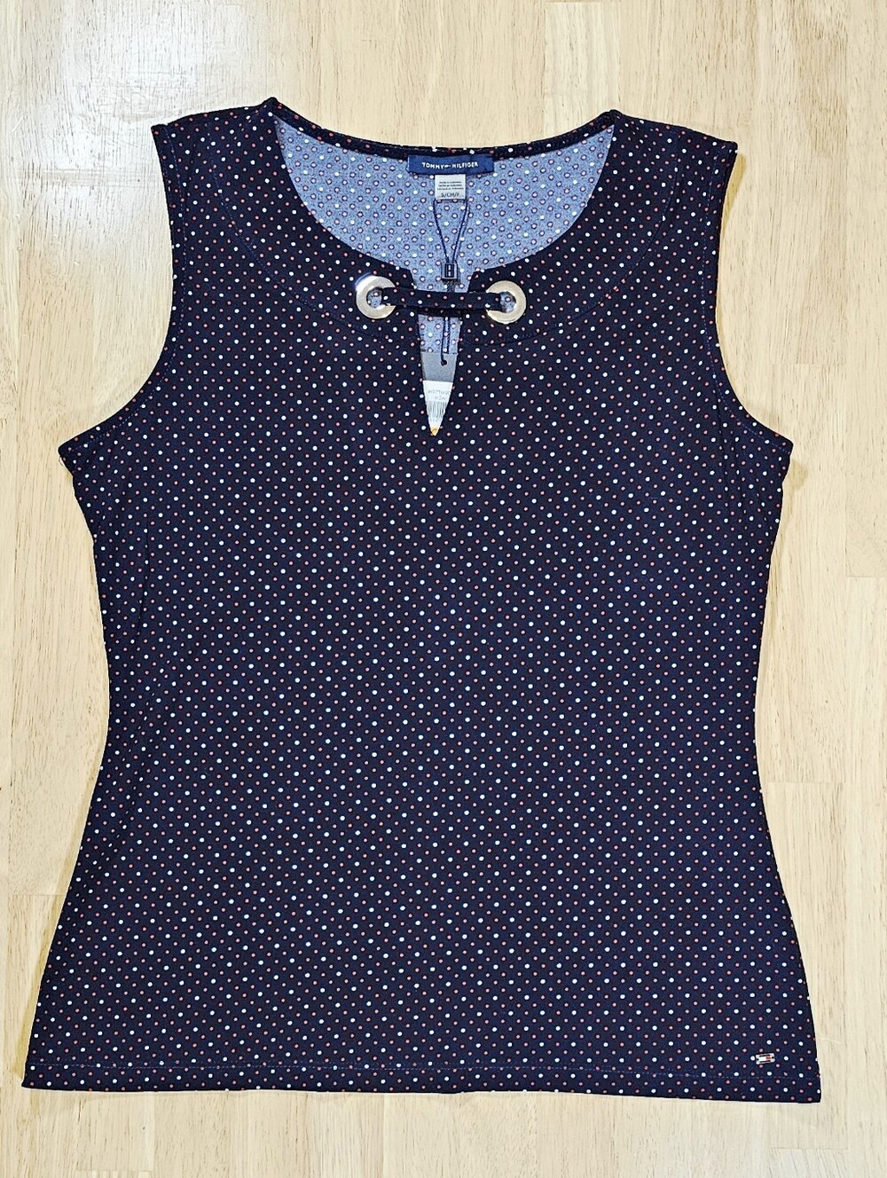 Navy Polka Dot Sleeveless Tank with Grommet Detailung